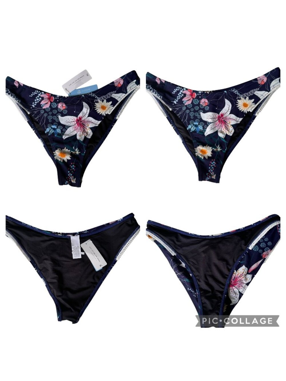 Cupshe Womens Floral Bikini Bottom XL Swimwear Swim Beach Navy Blue Pink Floral